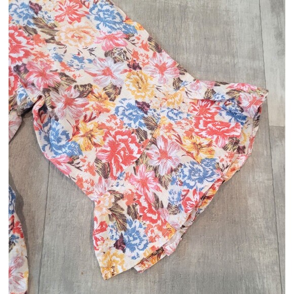 CORFU 100% Linen Boho Floral Top Sz 12 Ruffle Bell Sleeve Colorful Beachy Fairy - Picture 2 of 8